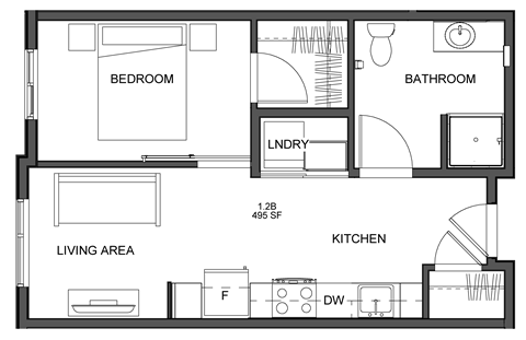 Floor plan for 1 bed, 1 bath, 624 sqft
